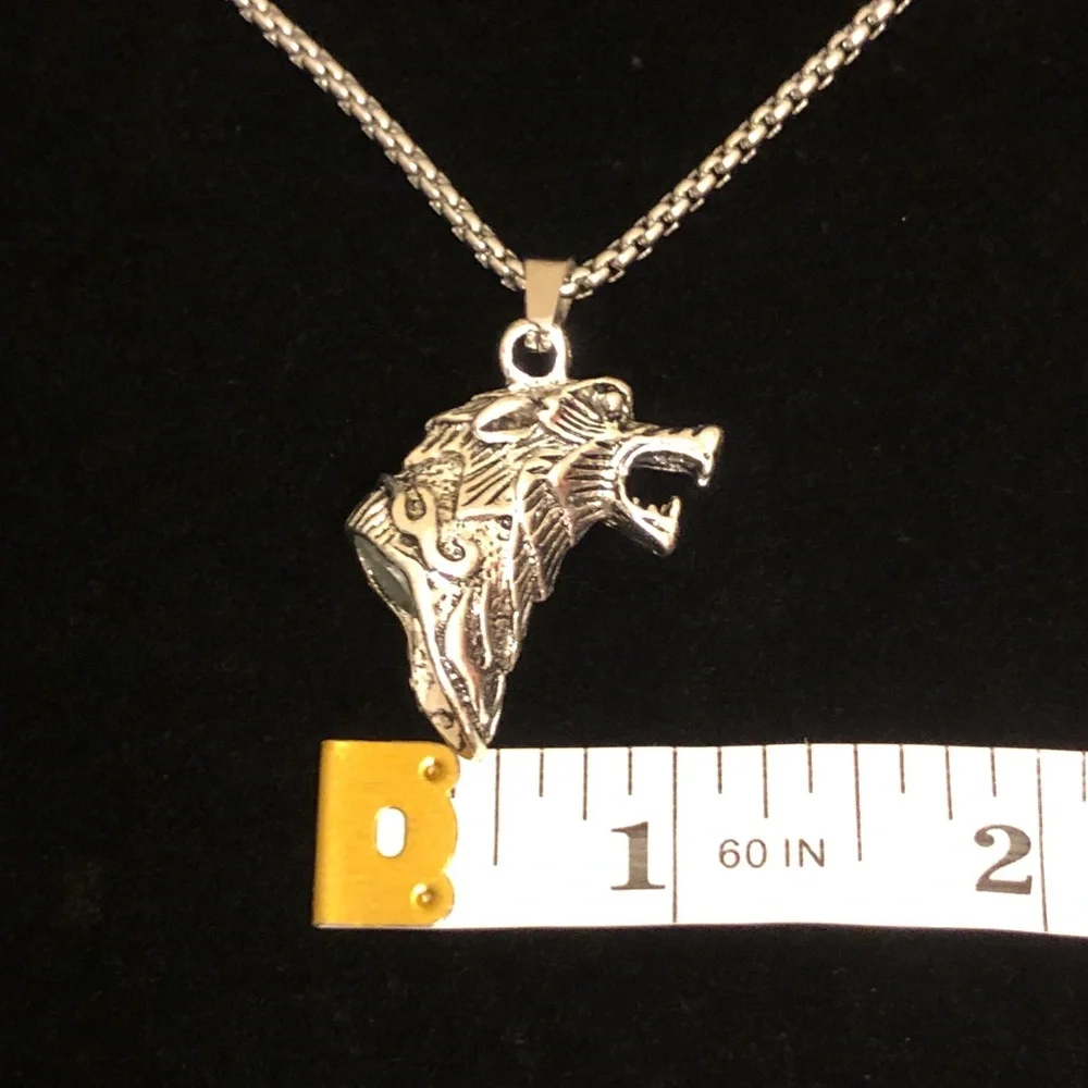 Silver Tone Wolf Head Pendant Necklace - Picture 7 of 10